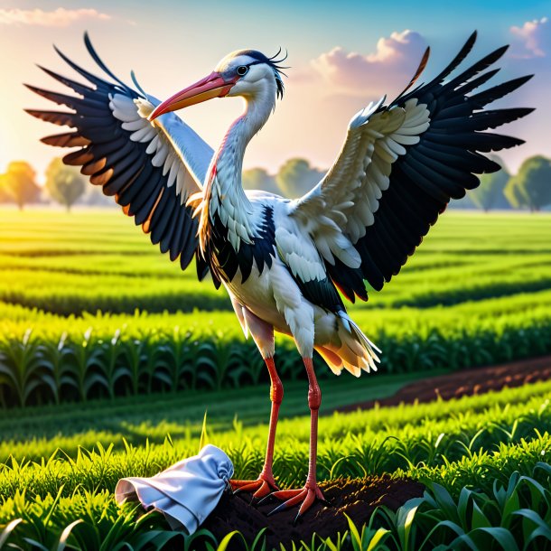 Photo of a stork in a gloves on the field