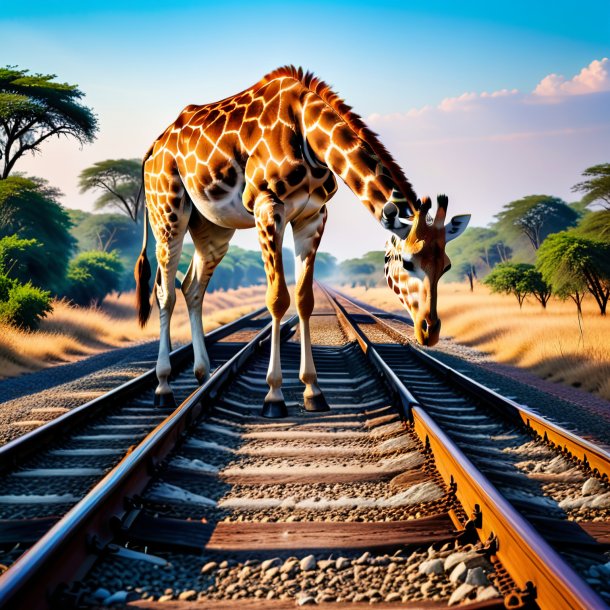 Image of a drinking of a giraffe on the railway tracks