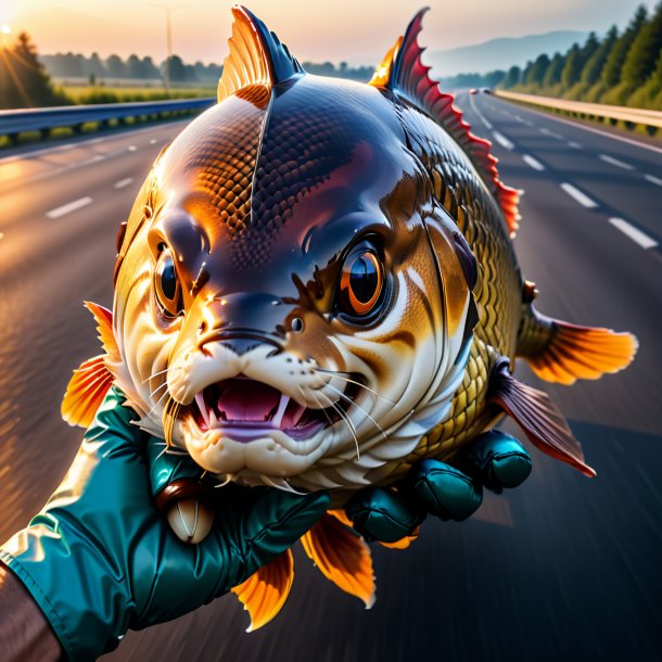 Photo of a carp in a gloves on the highway