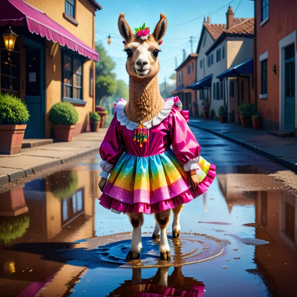 Illustration of a llama in a dress in the puddle