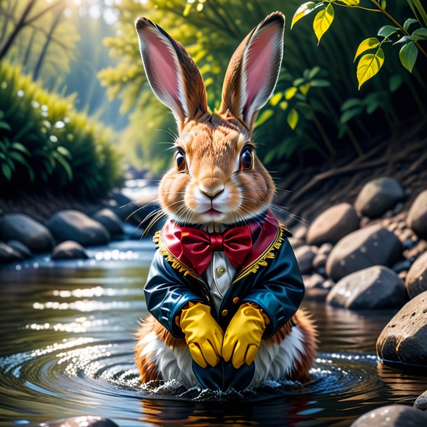 Picture of a hare in a gloves in the river