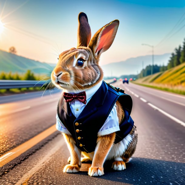 Pic of a rabbit in a vest on the highway