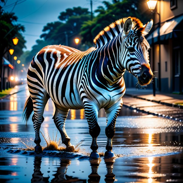 Photo of a zebra in a gloves in the puddle