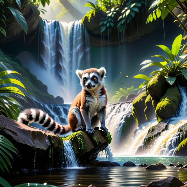 Pic of a playing of a lemur in the waterfall