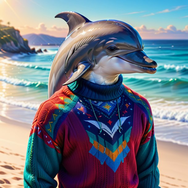 Drawing of a dolphin in a sweater on the beach