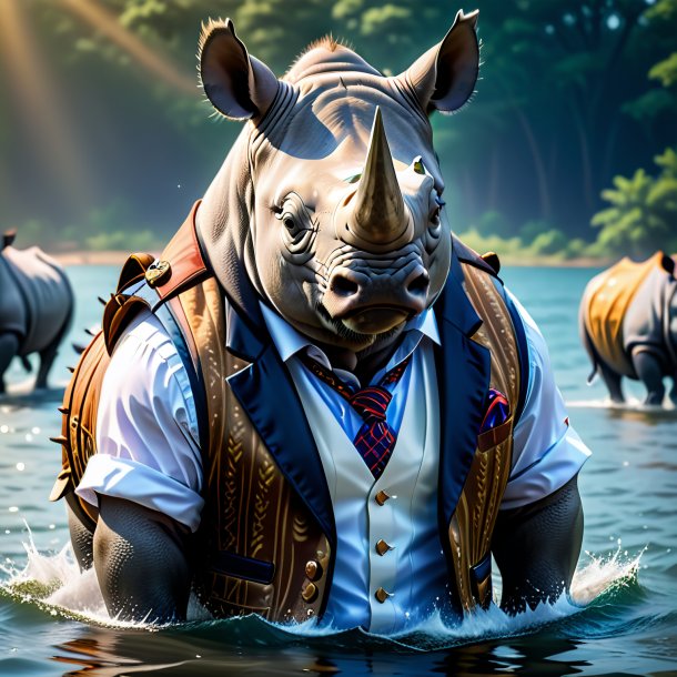 Photo of a rhinoceros in a vest in the water