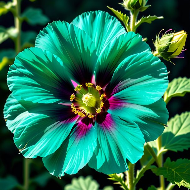 Photography of a teal hollyhock