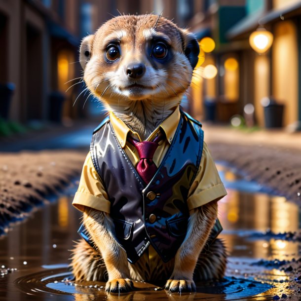 Pic of a meerkat in a vest in the puddle