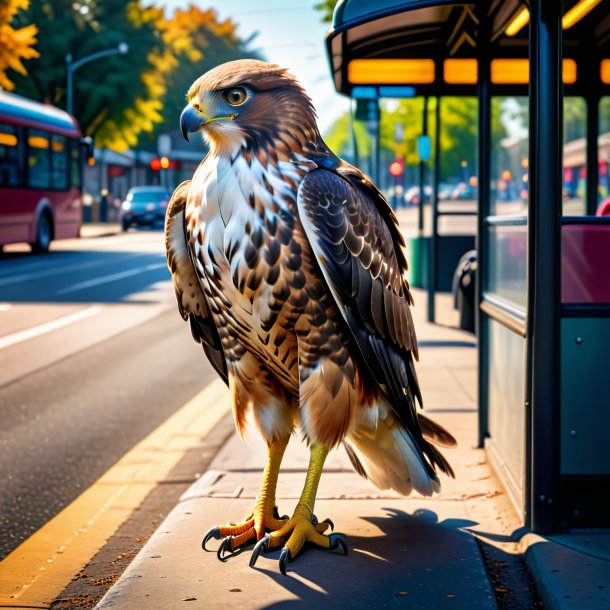 Imagem de um falcão em um vestido no ponto de ônibus