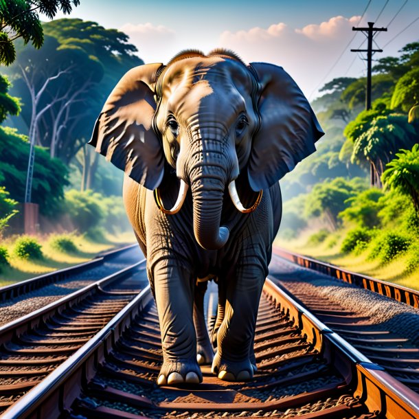 Photo of a elephant in a belt on the railway tracks