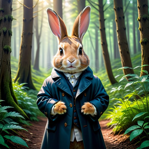 Pic of a rabbit in a coat in the forest