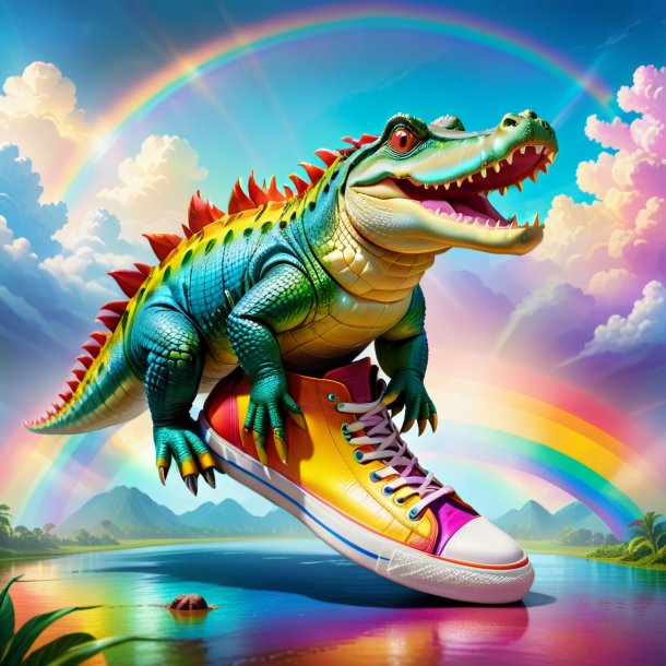 Illustration of a crocodile in a shoes on the rainbow