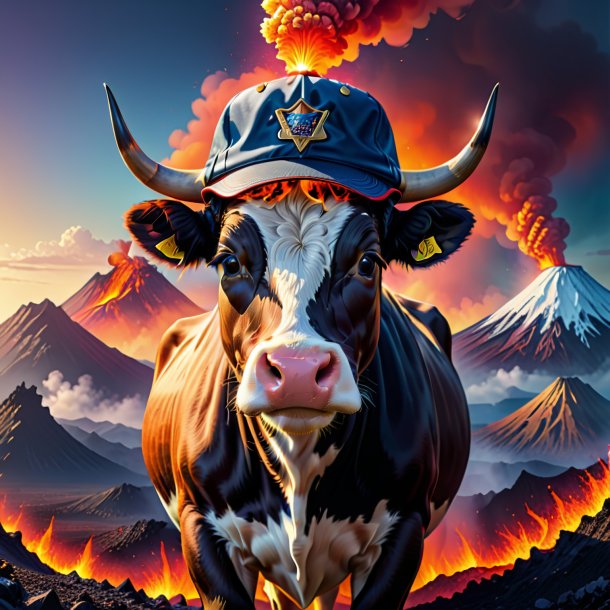 Illustration of a cow in a cap in the volcano