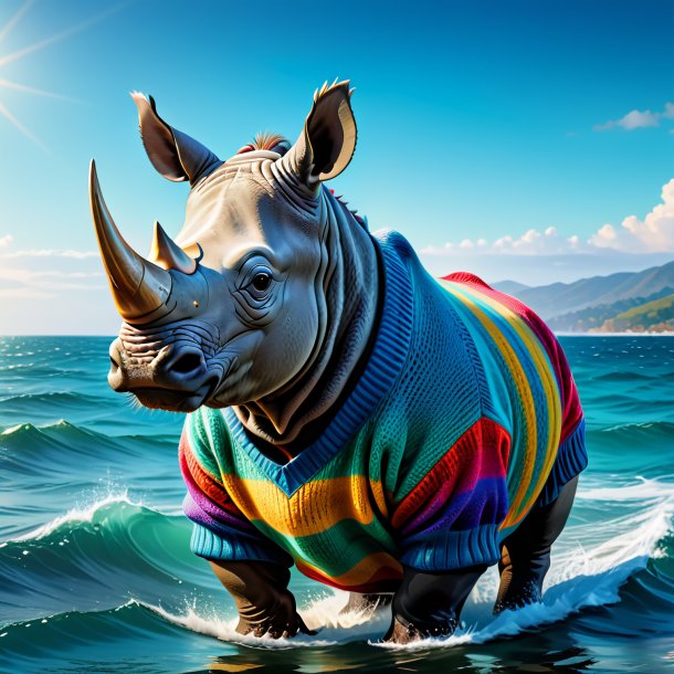 Image of a rhinoceros in a sweater in the sea