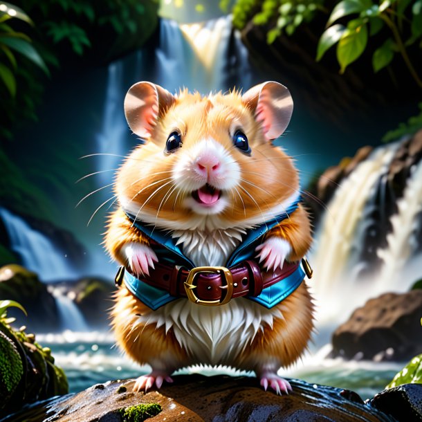 Image of a hamster in a belt in the waterfall