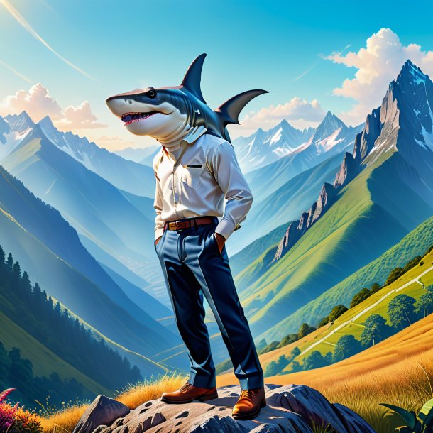 Illustration of a hammerhead shark in a trousers in the mountains