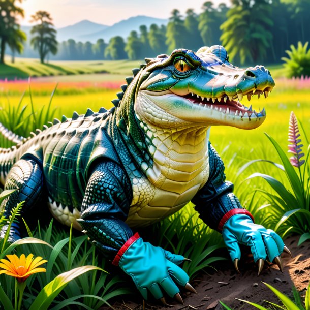 Picture of a crocodile in a gloves in the meadow