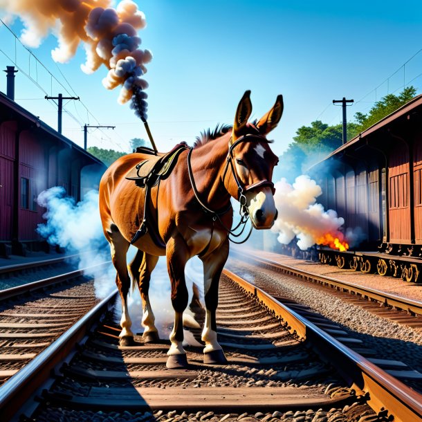 Picture of a smoking of a mule on the railway tracks