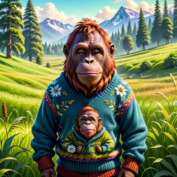 Illustration of a orangutan in a sweater in the meadow