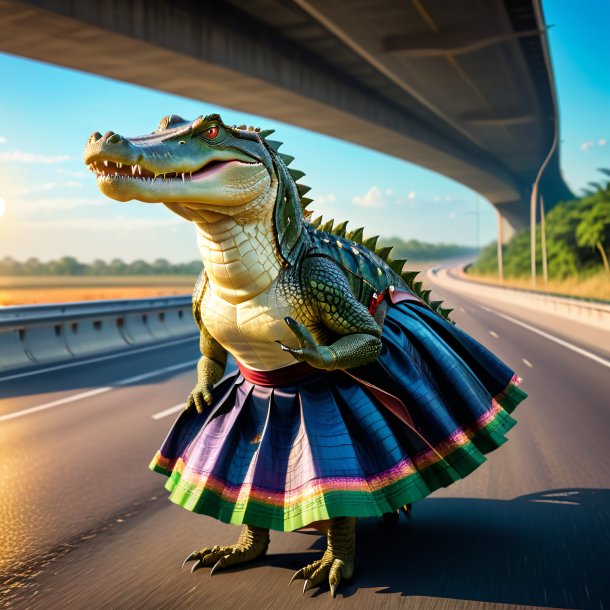Image of a crocodile in a skirt on the highway