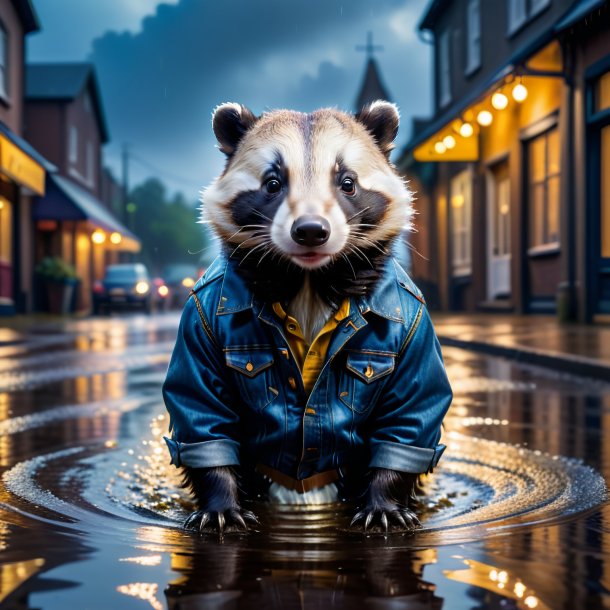 Image of a badger in a jeans in the puddle