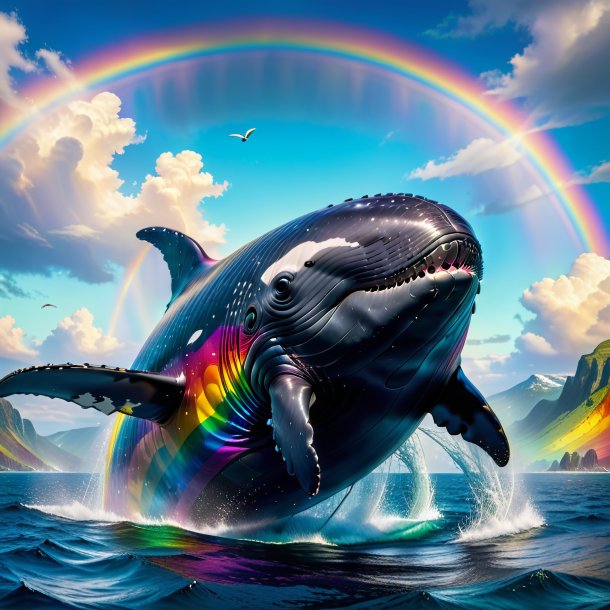 Foto de una ballena en un chaleco en el arco iris