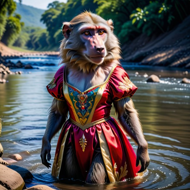 Foto de un babuino en un vestido en el río