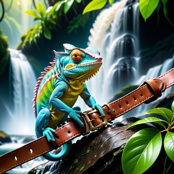 Picture of a chameleon in a belt in the waterfall