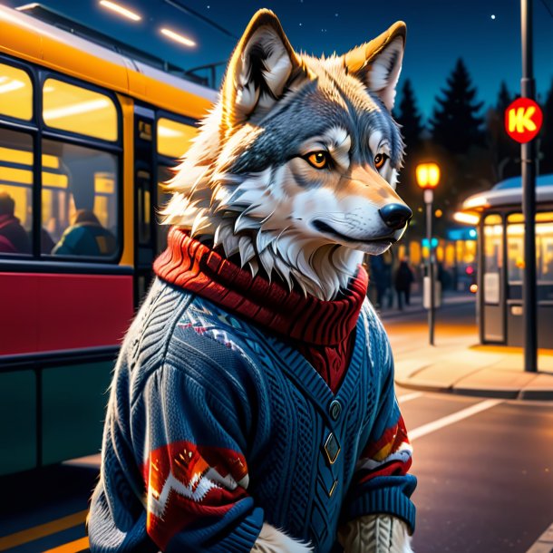 Imagem de um lobo em um suéter no ponto de ônibus