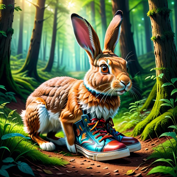 Drawing of a hare in a shoes in the forest