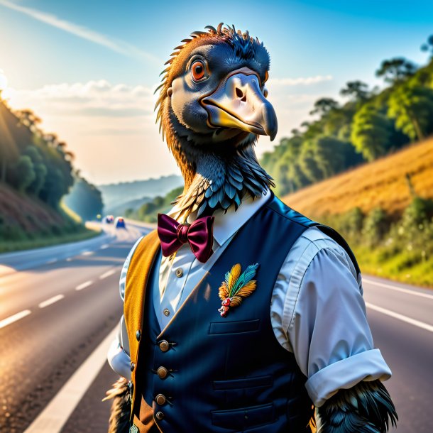 Foto de un dodo en un chaleco en la carretera