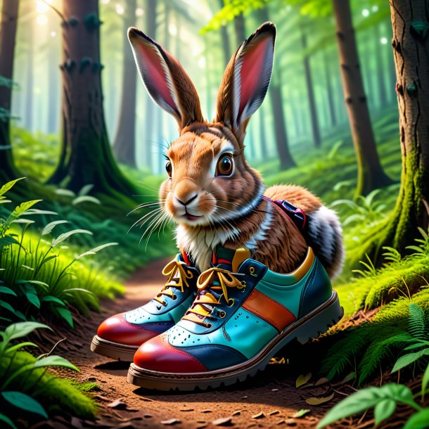 Pic of a hare in a shoes in the forest