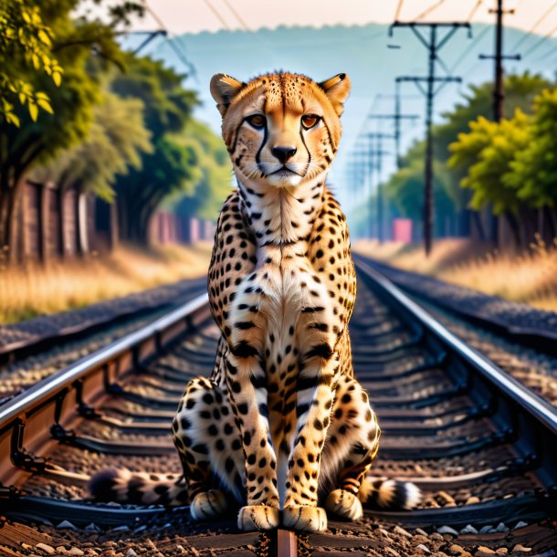 Foto de un guepardo en un vestido en las vías del tren