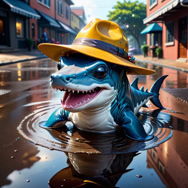 Drawing of a hammerhead shark in a hat in the puddle