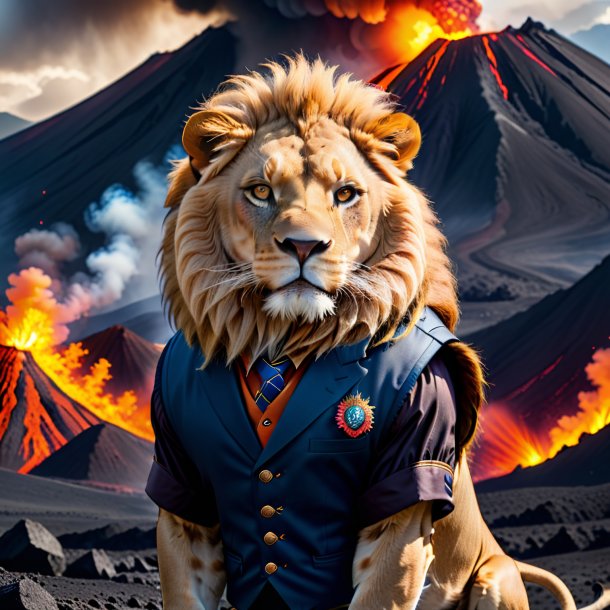 Photo of a lion in a vest in the volcano