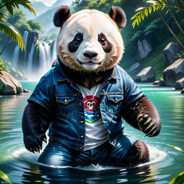 Foto de un panda gigante en un jeans en el agua