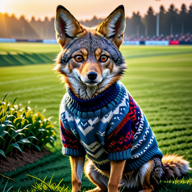 Photo of a jackal in a sweater on the field