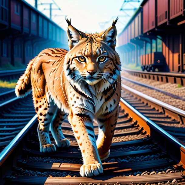 Illustration of a lynx in a belt on the railway tracks