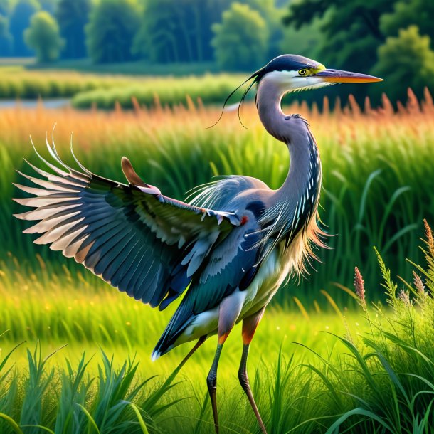 Pic d'une danse d'un héron dans la prairie