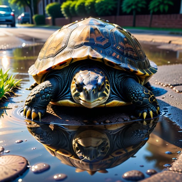 Image of a turtle in a shoes in the puddle