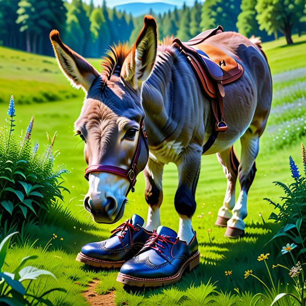 Image of a donkey in a shoes in the meadow