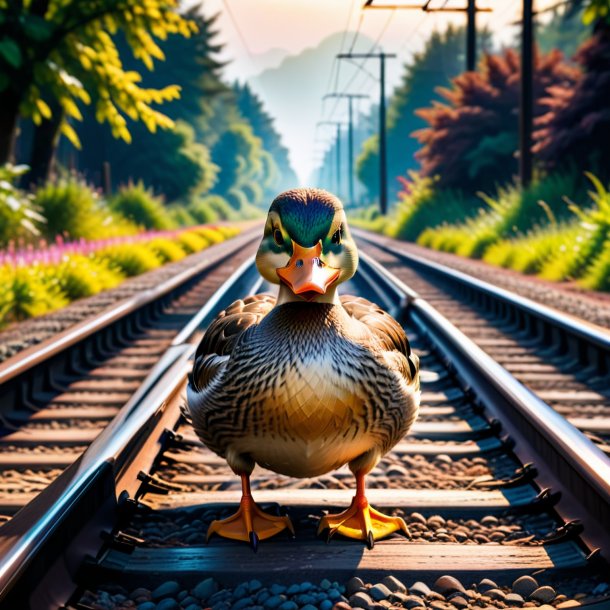 Image of a threatening of a duck on the railway tracks