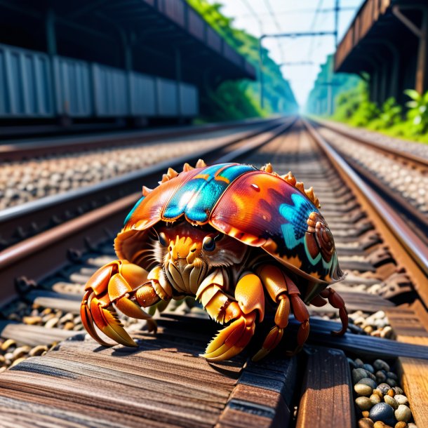 Foto de un descanso de un cangrejo ermitaño en las vías del ferrocarril