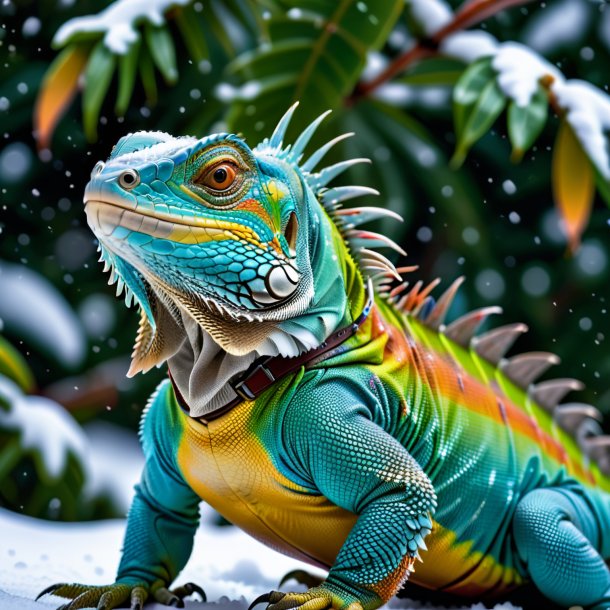 Foto de uma iguana em um cinto na neve