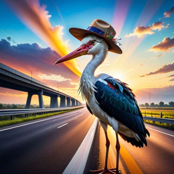 Image of a stork in a hat on the highway