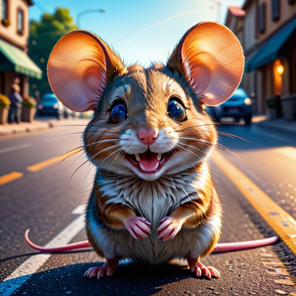 Picture of a smiling of a mouse on the road