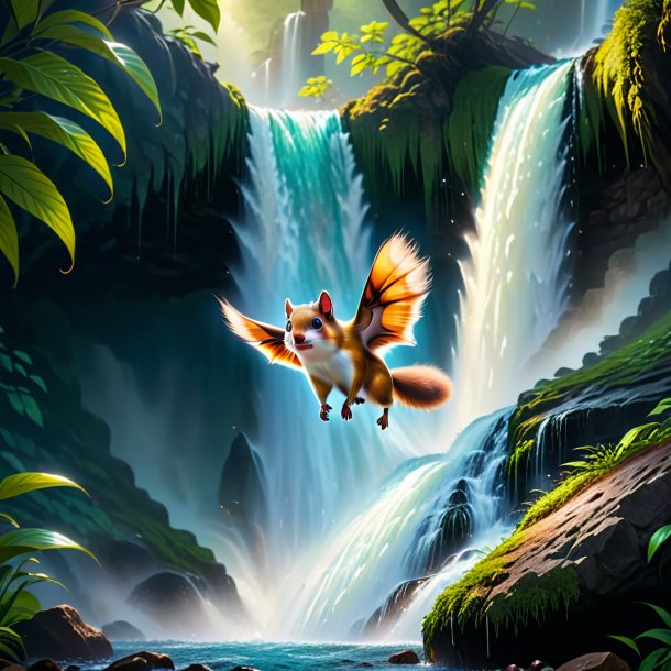 Photo of a crying of a flying squirrel in the waterfall