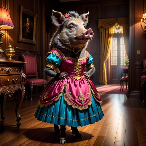 Image of a boar in a dress in the house