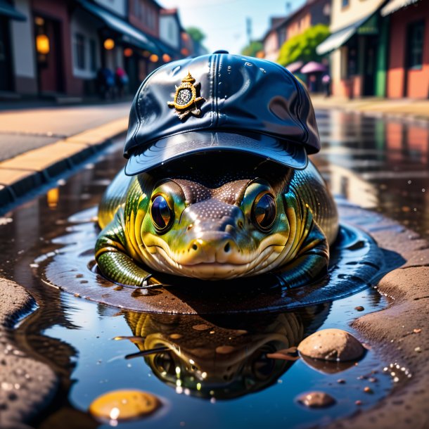 Image of a eel in a cap in the puddle