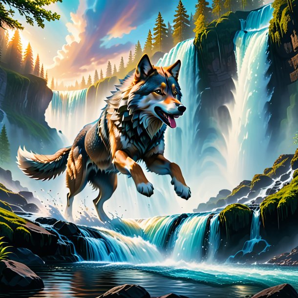 Image of a jumping of a wolf in the waterfall